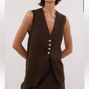 Elegant Brown Linen Sleeveless Vest with sculptural buttons